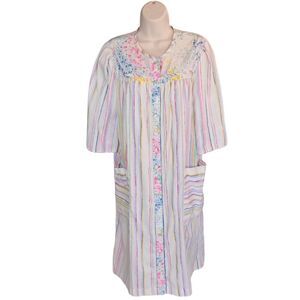 Models Coat Nightgown Robe Womens M/L White Kimono Striped Flower 3/4 Sleeve